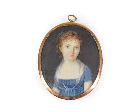 French School (late 18th century): Miniature Bust Portrait of a Girl, wearing a blue Empire-style dress, on ivory, oval, 5.8c