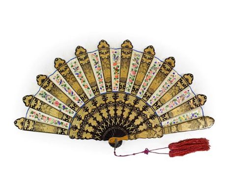 A Chinese Lacquer and Silk Mandarin Fan, mid 19th century, the silk panels embroidered with birds, insects and foliage, the l