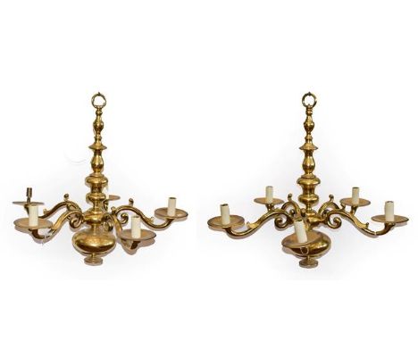 A Matched Pair of Dutch Brass Five-Light Chandeliers, in 17th century style, with baluster and vase knopped columns, scroll b