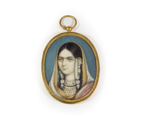 Anglo-Indian School (mid 19th century): Miniature Bust Portrait of a Girl, wearing a headscarf and elaborate jewellery, on iv