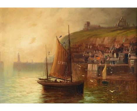 Walter Meegan (1859-1944) Fishing boat moored in Whitby harbour Whitby Pier Each signed, oil on canvas, 24.5cm by 34.5cm (2) 