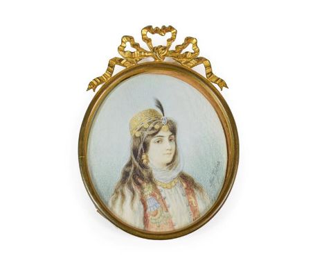 French School (mid 19th century): Miniature Bust Portrait of a Young Lady, in traditional Turkish dress, indistinctly signed,