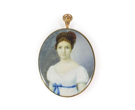 Continental School (circa 1814): Miniature Bust Portrait of a Young Lady, her hair up, wearing a white Empire-style dress wit