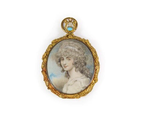 English Scholl (late 18th century): Miniature Bust Portrait of a Young Lady, wearing a headscarf and white dress, on ivory, 4