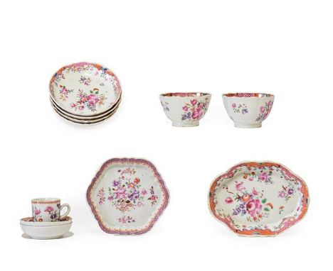 A Chinese Porcelain Miniature Coffee Cup and Two Saucers, Qianlong, painted in famille rose enamels with flowersprays within 