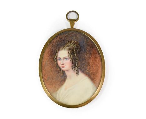 English School (early 19th century): Miniature Bust Portrait of a Young Lady, with ringleted hair and wearing a white dress, 