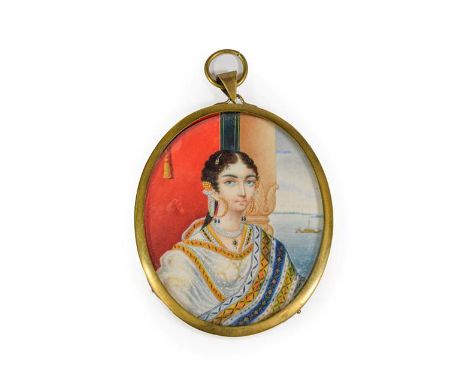 Anglo-Indian School (circa 1840): Miniature Bust Portrait of a Young Lady, in traditional dress, on ivory, 7.5cm by 6cm, in b