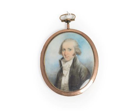 Thomas Hazelhurst (c.1740-c.1821): Miniature Bust Portrait of a Gentleman, wearing a white stock and waistcoat and a grey coa