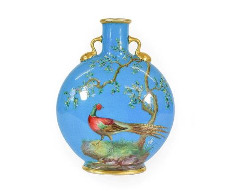 A Minton Porcelain Moon Flask, probably by William Mussill, circa 1875, painted with a pheasant before a blossoming tree and 