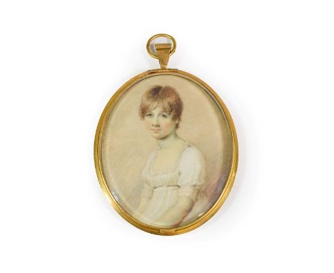 Attributed to Henry Jacob Burch (b.1763): Miniature Bust Portrait of a Young Girl, with short hair, wearing a white Empire-st