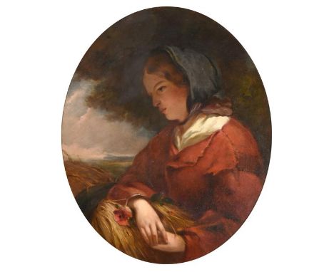 Circle of J J Hill (1811-1882) Portrait of a country girl with a sheath of cornIndistinctly signed, oil on canvas, 69.5cm Dia
