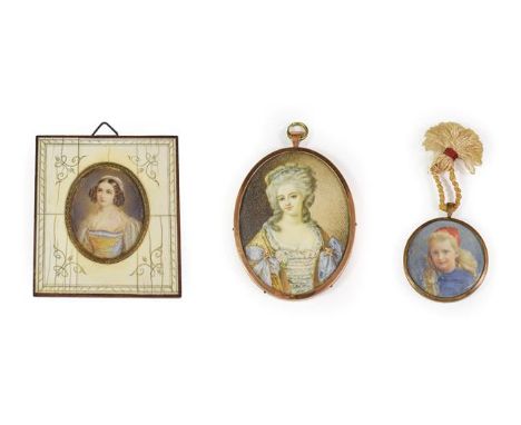 Continental School: Miniature Bust Portrait of a Lady, in 18th century dress, a blue ribbon in her hair, on ivory, oval, 7.8c