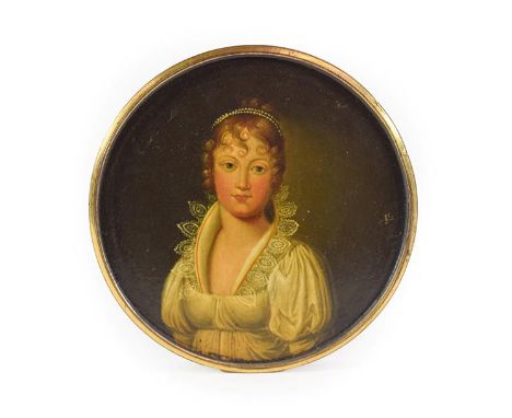 A Gilt Metal Mounted Papier-Mâché Snuff Box and Cover, 19th century, of circular form, painted with a bust portrait of a girl