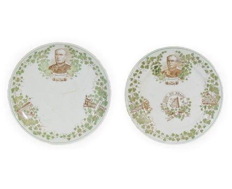 A Staffordshire Bone China "Irish Home Rule" Tea Plate and Saucer, circa 1891, transfer printed in brown and overpainted in g