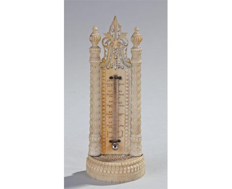 Early 19th Century mounted thermometer, the fret carved top with turned columns central mercury thermometer, geometric carved
