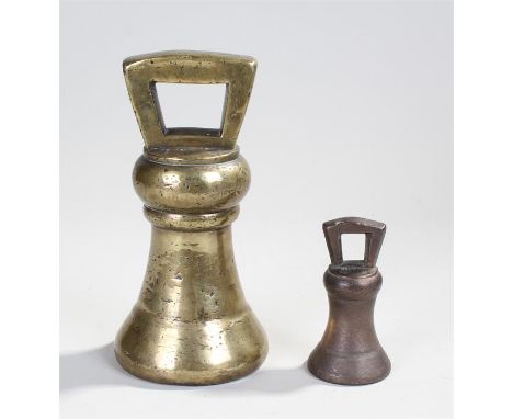 Two bell weights, the first a 14 pound example, stamps for Victoria, the second a George III example at 2 pounds, (2)