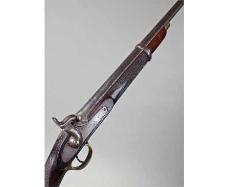 Victorian percussion rifle, the single hammer with VR and Tower mark, dated 1858, mahogany stock and chequer grips, brass tri