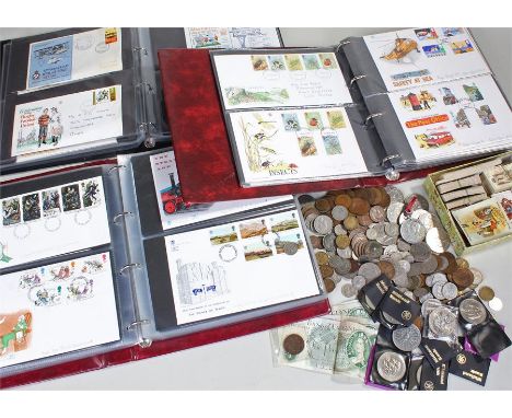 Coins and First Day Covers, to include mixed coins to include six pence's, pennies, three pence, Dollars, Crowns, etc, (qty)
