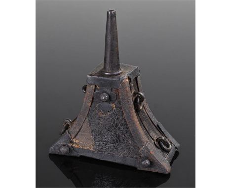 17th Century wheel lock flask, the arched case with central spout, iron loop and corner fittings to the leather clad flask, 1