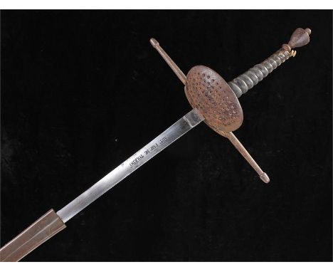 19th Century Spanish rapier, the Art Fab De Toledo signed blade with pierced guard and shagreen tapering grip, leather scabba