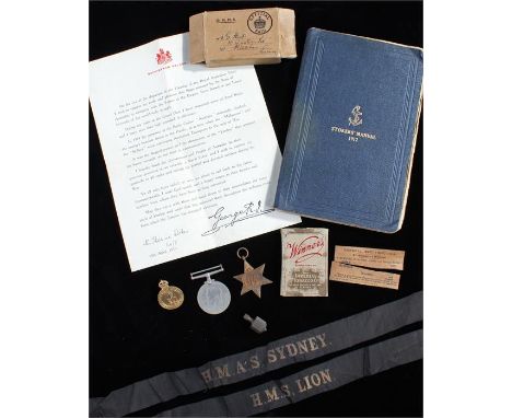 Interesting collection of military items, to include Naval cap tallies HMS Lion and HMAS Sydney, medals and boxes, and a Stok