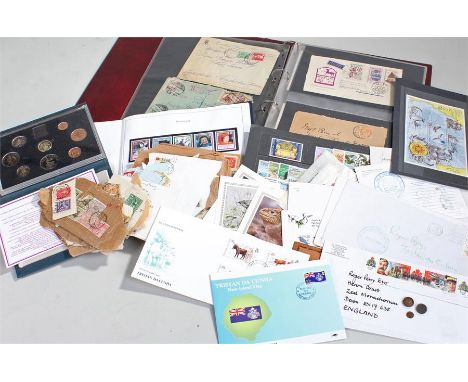 Collection of coins and stamps, to include 1984 Proof coin set, Crown Agents stamp book, first day covers, etc, (qty)