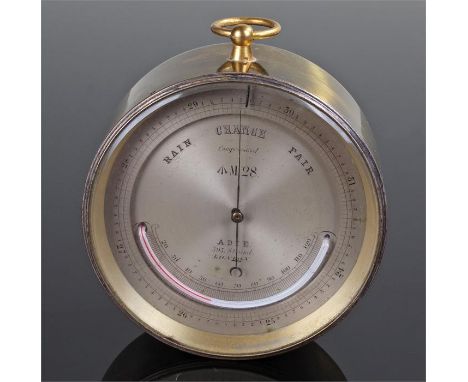 19th Century Adie brass cylindrical compensated barometer, the silvered signed dial with arrow mark and numbered M.28, with t