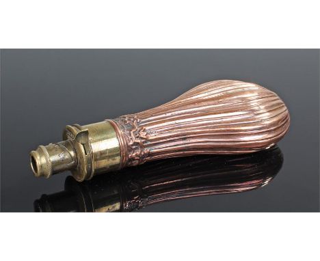 Sykes patent powder flask, with a copper ribbed body and brass spout top, 21cm long