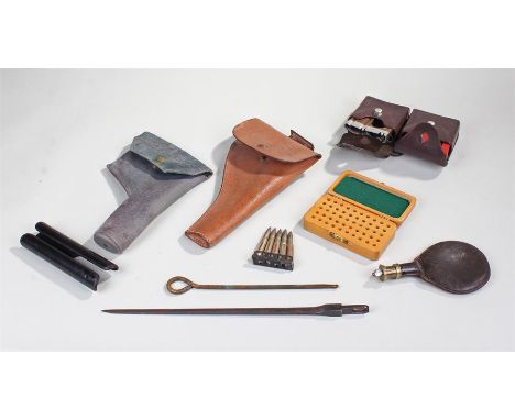 Mixed militaria, to include two holsters, a set of Swiss 7.2mm training rounds, leather flask, Swiss cartridge pouch and tool