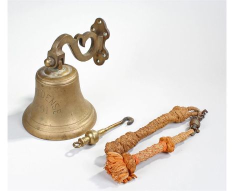 S.S. Obodense ships bell, dated 1891, with scroll bracket, 19cm wide