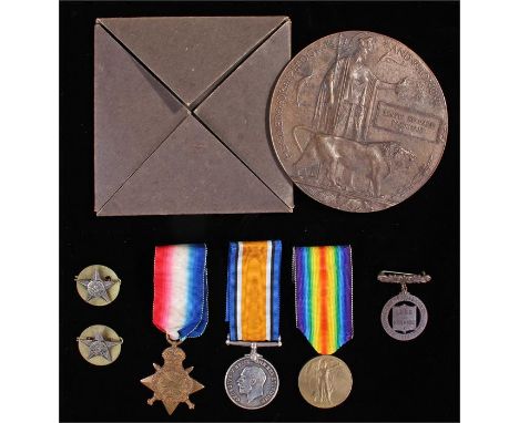 Mons Casualty First World War group of three, with 1914 Mons Star, Victory and War medal, together with the death plaque (829