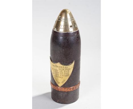 Impressive First World War Dardanelles shell casing, the case with a brass screw top, shield to the shell body with the text 