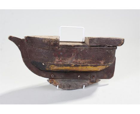 19th Century folk art toy boat, the wide and short boat with dark red hull, 33cm long