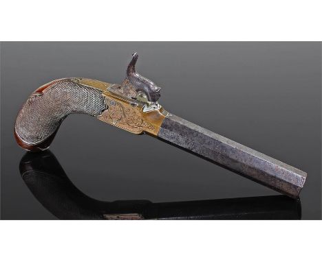 Mid 19th Century English percussion pocket pistol, the hexagonal turn-off 4" barrel, foliate engraved brass action, box lock 