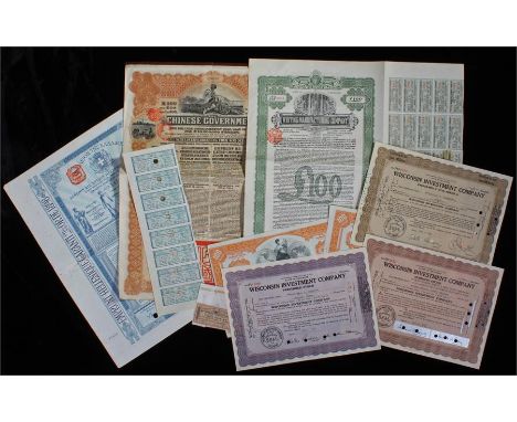 Collection of share certificates, to include Chinese Government issue, Wisconsen Investment, Greek certificate and Whitling C