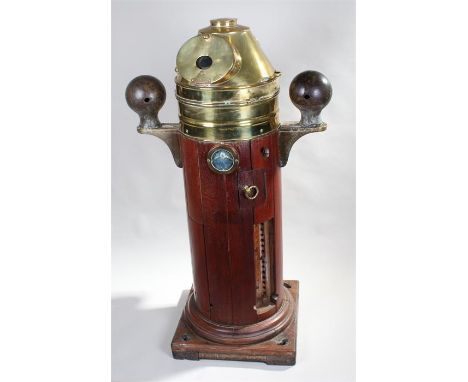 Early 20th Century teak and brass ships binnacle, fitted with gimbal compass and complete with polarity sphered, iron compens