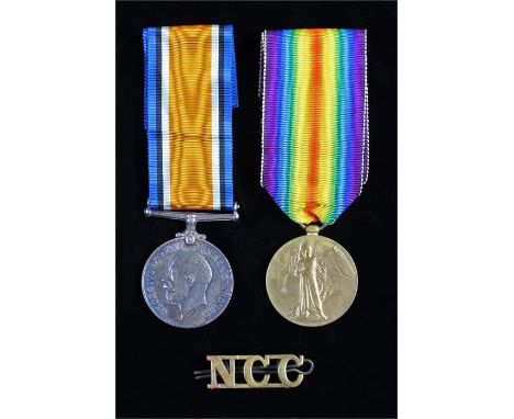 First World War pair, War and Victory medals, (G-24603 PTE A.J. CUNNINGHAM R.SUSS.R.) together with an NCC badge, (3)