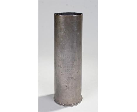 First World War shell casing, engraved to the front "One of the shells fired at Tortona Italy on the signing of peace June 28