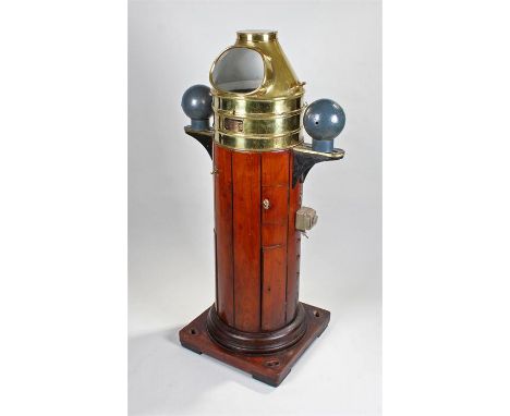 Early 20th Century brass and teak ship`s compass binnacle, Lilley & Reynolds, London E.C.3. the domed cover above a compass, 