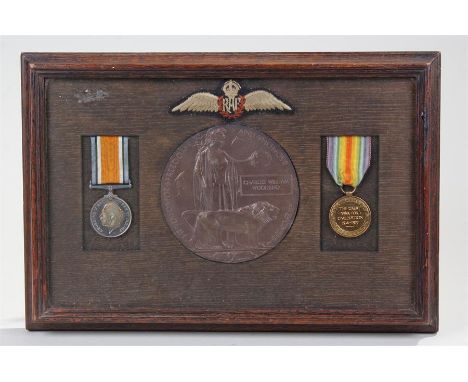 Emotive First World War RAF casualty group, with a Victory and War medal framed with the plaque, (LIEUT C.W. WOODEND RAF) Lie
