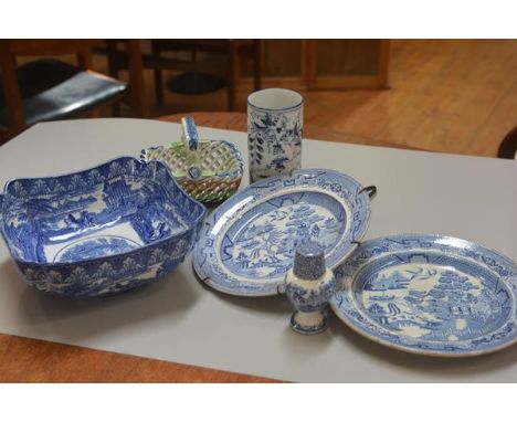 A Cauldonware octagonal shaped fruit bowl, a cylinder spill vase, a 19thc Staffordshire pepperette, a Continental basket and 