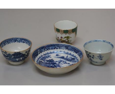 A 19thc Dresden china cup with fish scale and gilt reserves depicting figures in a landscape, a 19thc Chinese tea bowl and sa