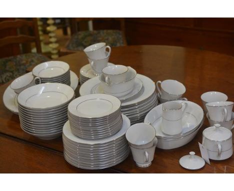 A Noritake Tahoe china floral and silver bordered dinner and tea service of ninety seven pieces including dinner plates, side