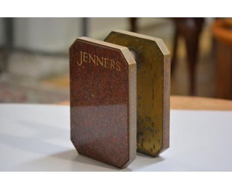 A vintage brass framed octagonal red granite double sided door handles engraved in gilt letters Jenners (h.27cm x 19cm), £30-