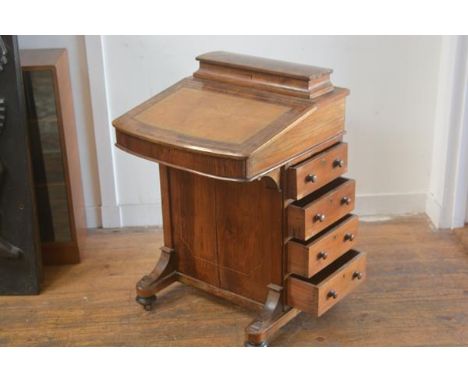 A Victorian figured walnut davenport inlaid desk, with lift up box top and slope front, enclosing a satinwood lined interior,