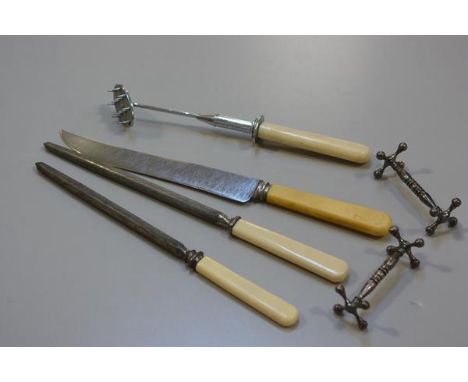 A collection of carving tools including joint holder, carving knife, two steels and  a pair of Epns knife rests ( a lot), £20