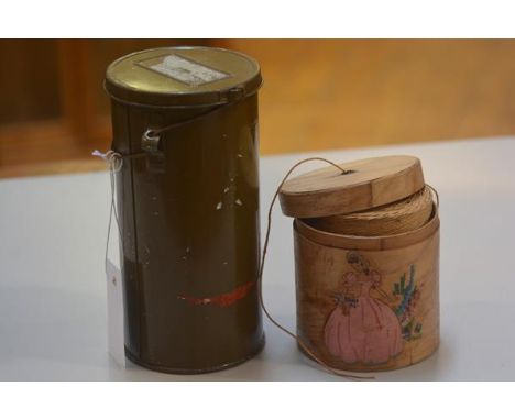 A 1930s bentwood string container with painted pokerwork decoration, figure in a garden, complete with string and a WWII pain
