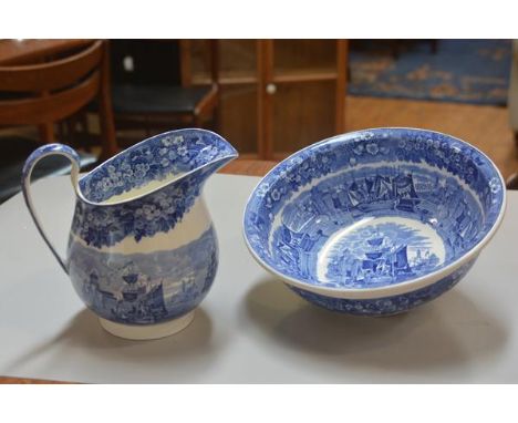 A Wedgwood Ferrara basin and ewer set with blue and white transfer printed decoration, impressed and printed mark verso (2) (