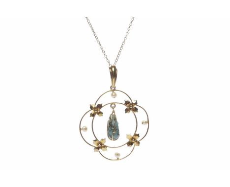 EDWARDIAN NINE CARAT GOLD TURQUOISE AND SEED PEARL PENDANT ON CHAINthe pendant of openwork form, 32mm across and set with a c