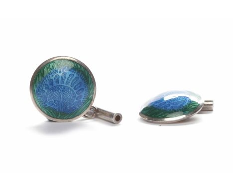 PAIR OF LIBERTY AND CO. CUFF LINKSlate twentieth century, each of round form and with enamel in blue and green tones